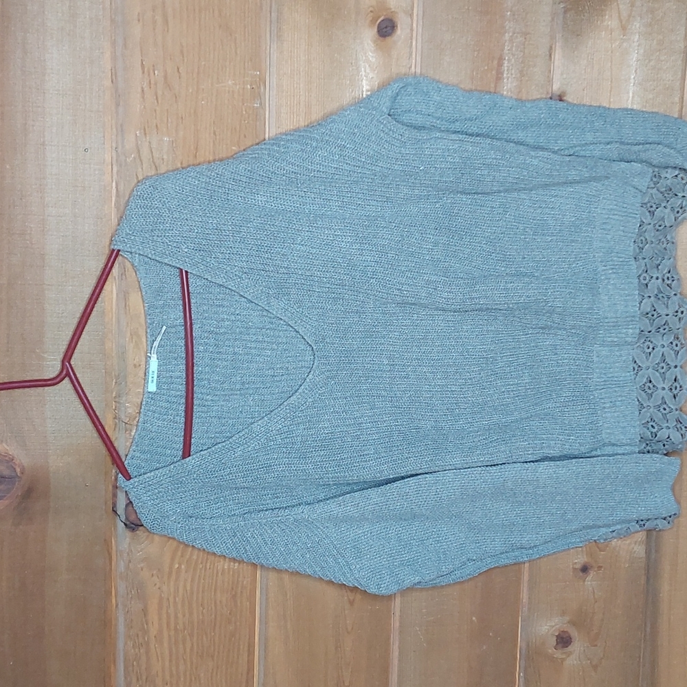 Gray V Neck Sweater with Lace Fringe